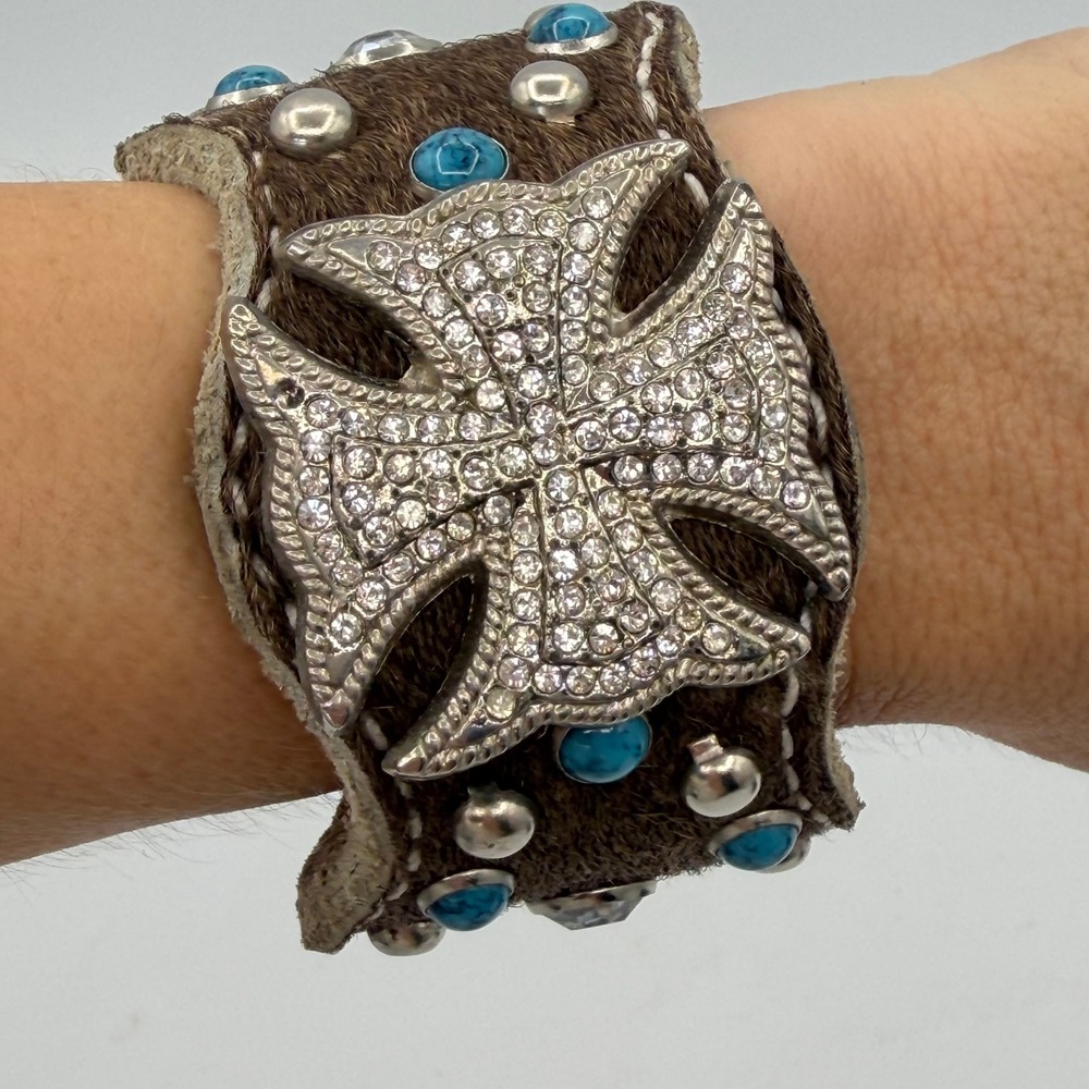 Pony Hair Cuff Bracelet 9" Brown Rhinestone Cross Turquoise Cowgirl Western